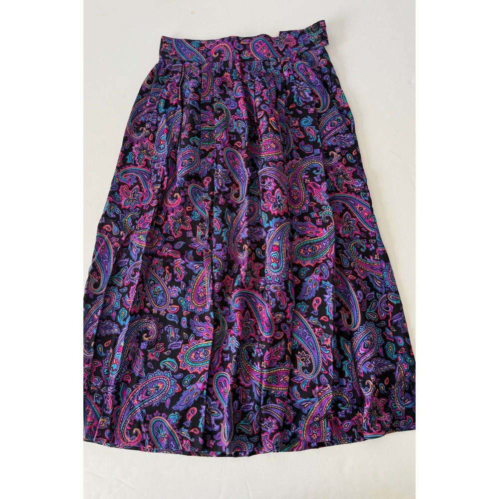 Vintage Paisley Midi Skirt Womens SZ 10 Purple Pink Black High Waist Pockets